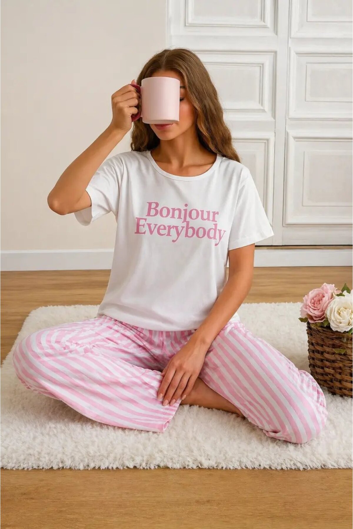 Cool & Sexy Bonjour Printed Women's Long Pajama Set – White T
