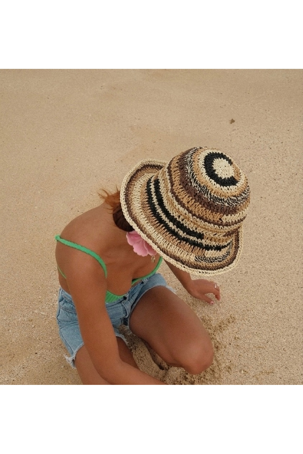 Brown Patterned Knitted Straw Hat