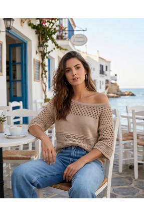 Trend Kapında Yazlık Ajurlu Bohem Stil Triko Bluz Pareo