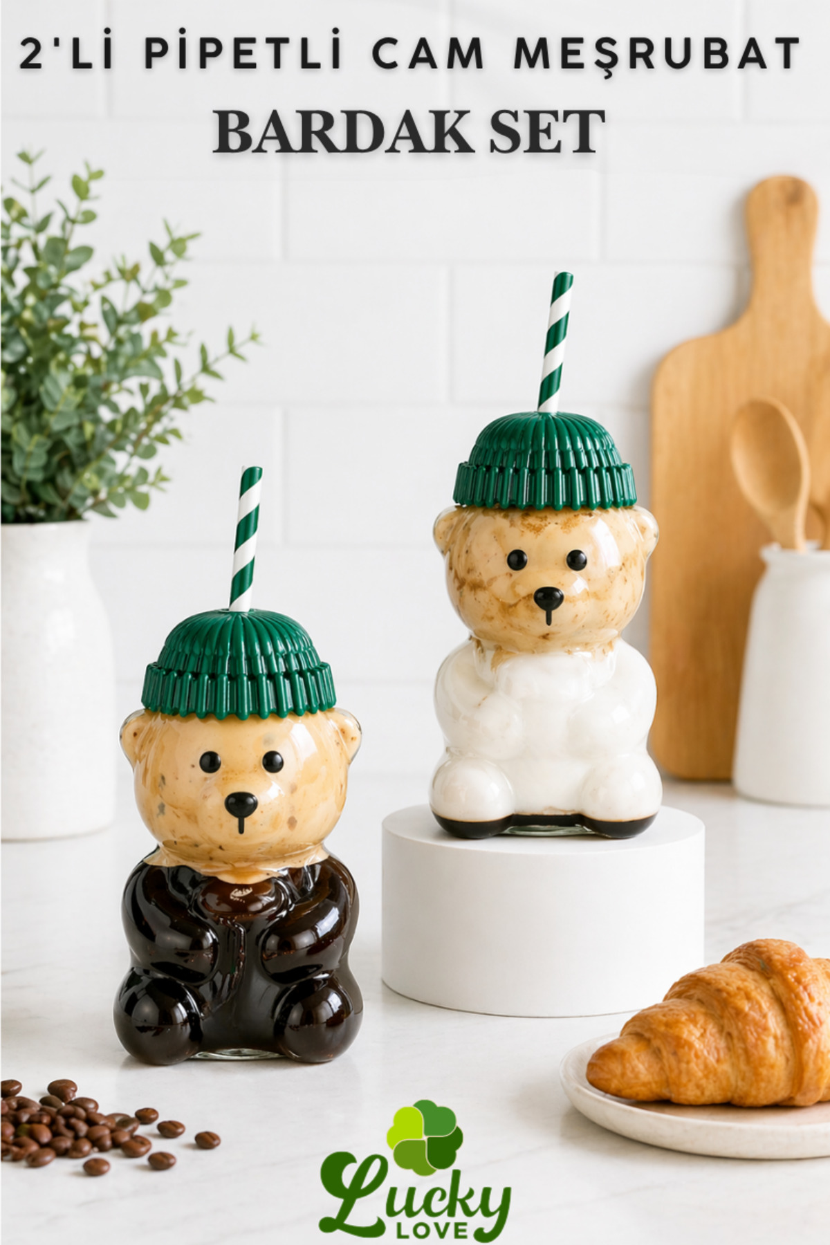 2-Piece Glass Luxury Barista Cold Drink Cup with Teddy Bear 550 ml