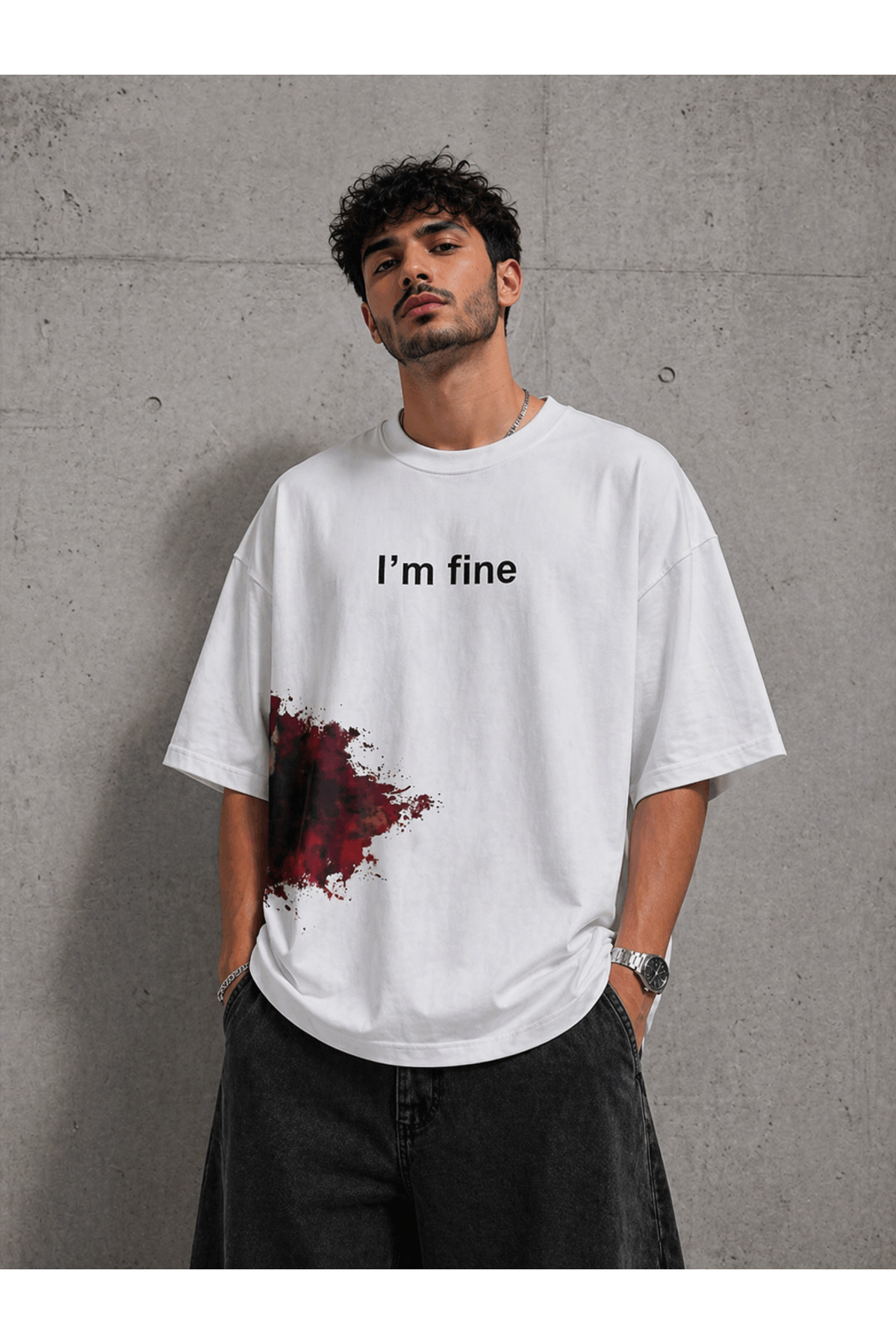 Nulivez I’m Fine Baskılı Oversize Unisex T-Shirt Streetwear Minimal Tasarım Salaş Kesim