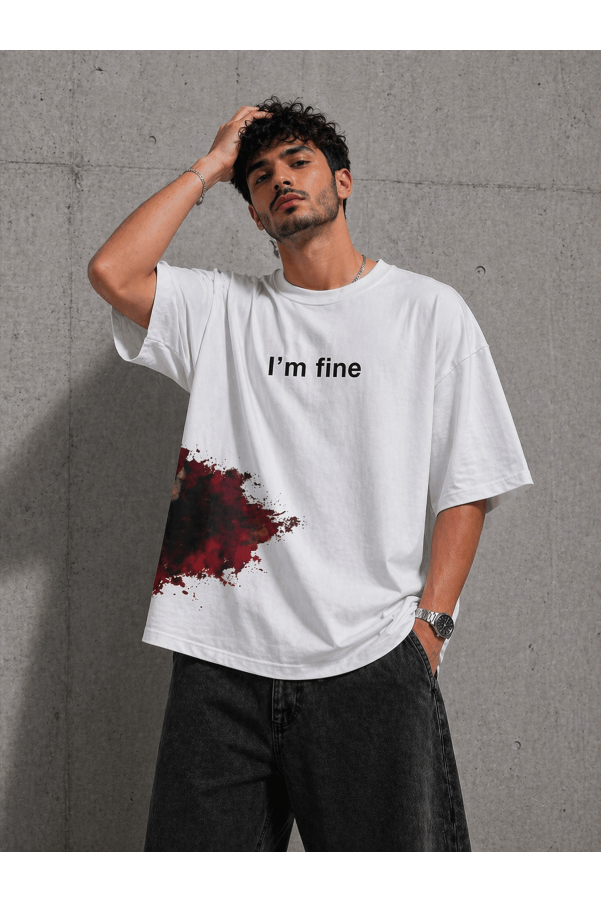 Nulivez I’m Fine Baskılı Oversize Unisex T-Shirt Streetwear Minimal Tasarım Salaş Kesim görsel 3