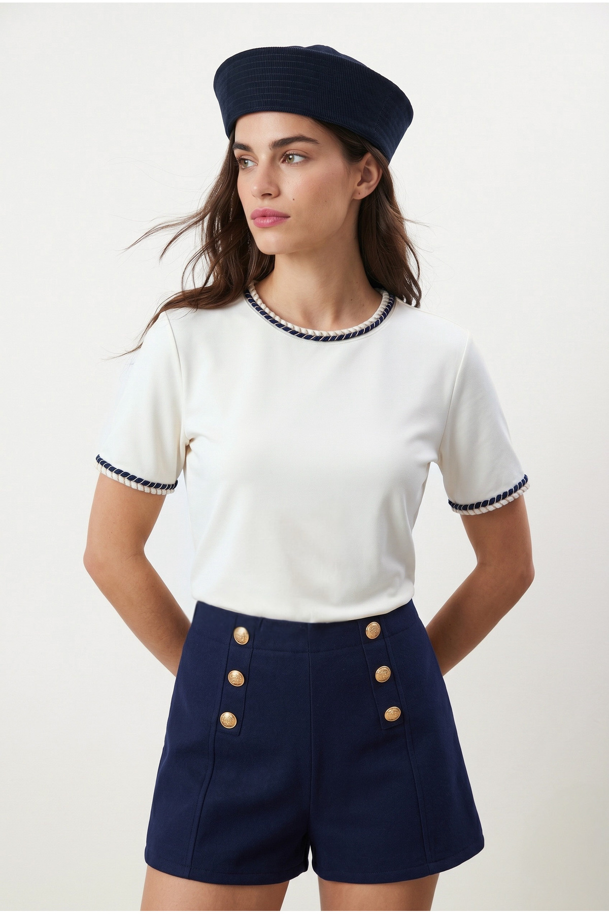 Women's Marine Collar Embroidered 100% Cotton Short Sleeve White Knitted T-shirt
