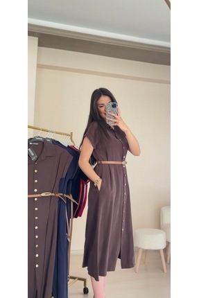 BELİN Kemer Detaylı Düğmeli Midi Elbise
