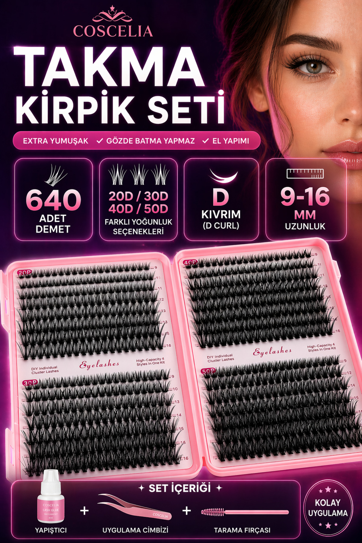 COS COSCELİA 640 Adet Demet Takma Kirpik Seti D Kıvrım 9-16 mm 20D 30D 40D 50D Doğal Hacimli Kirpik + Yapıştırıcı + Cımbız + Fırça - Fiyatı, Yorumları