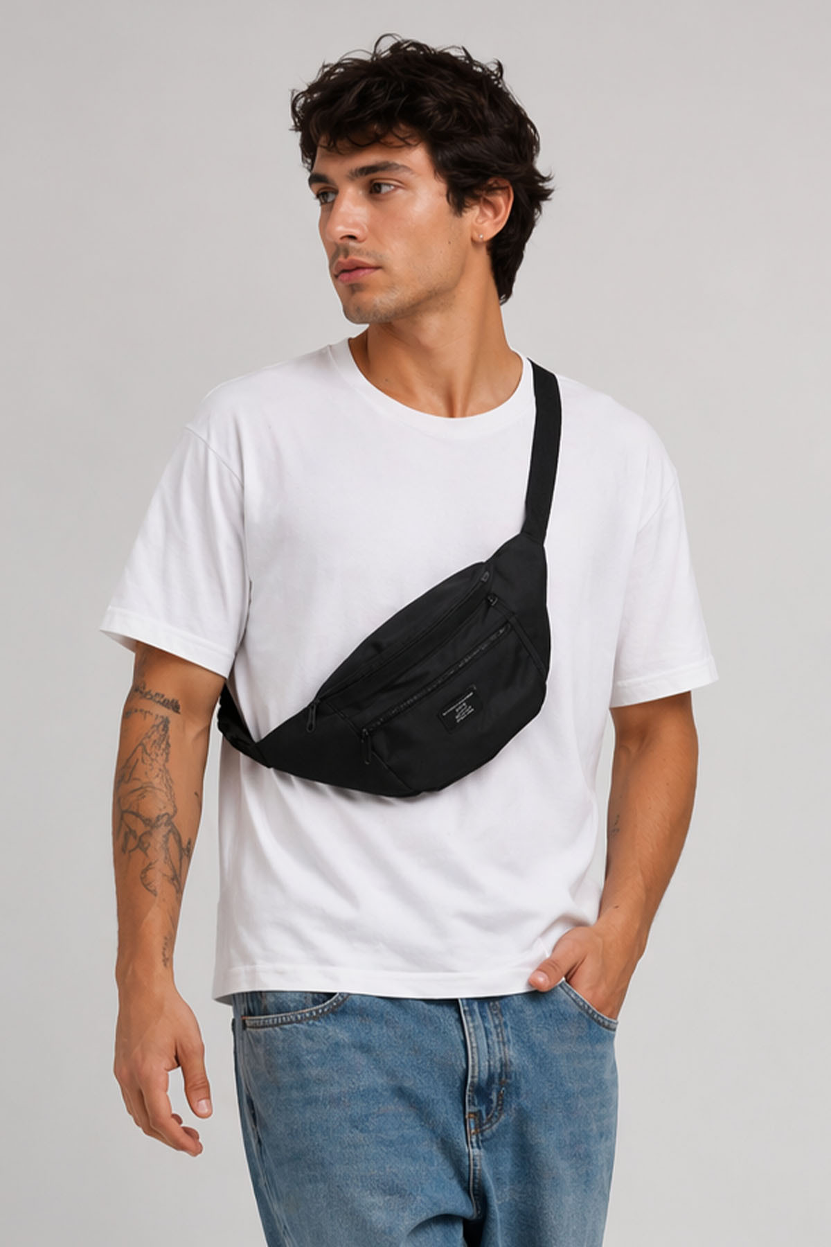 the modawest Unisex Siyah 2 Bölmeli Bel ve Omuz Çantası görsel 3