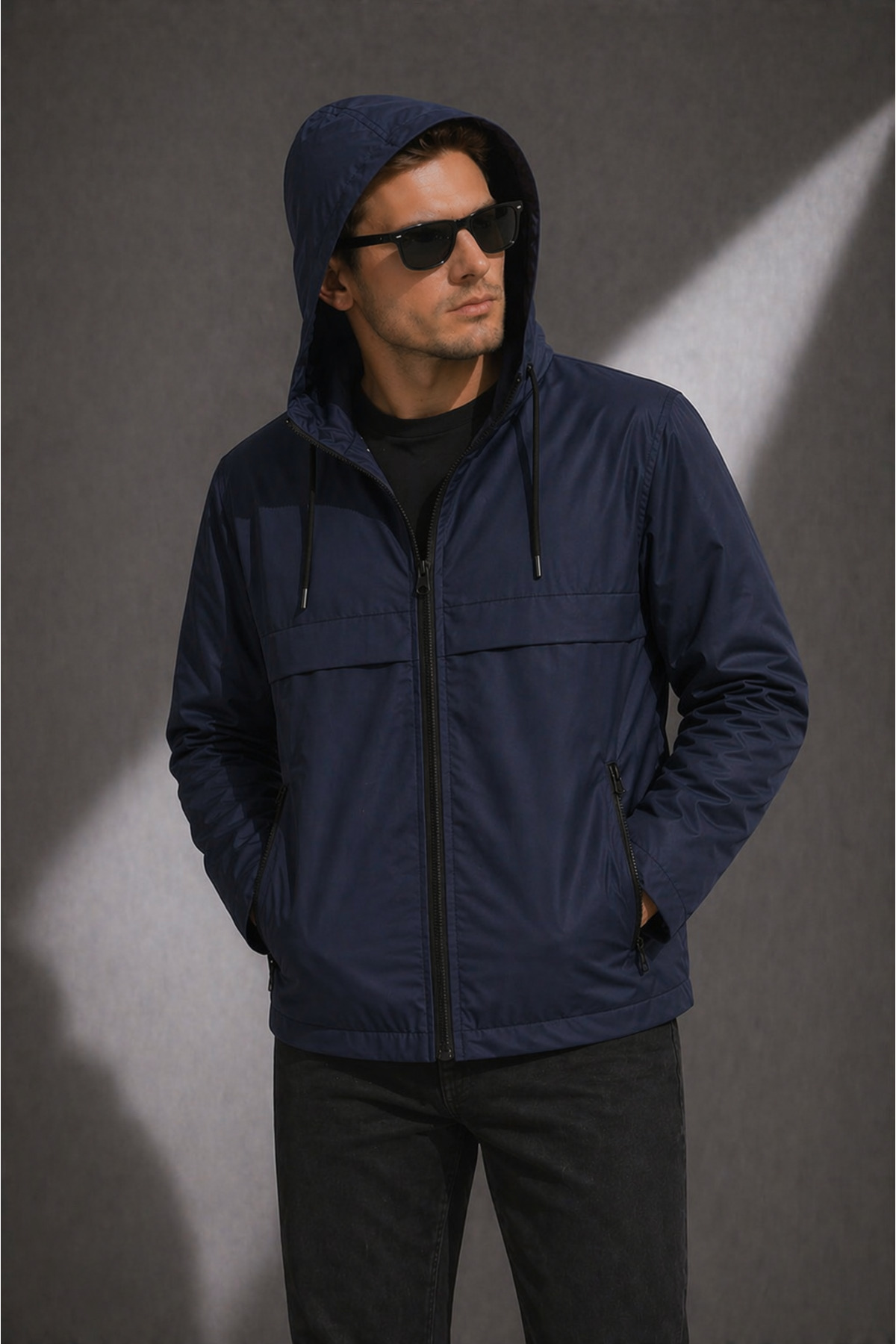 Sınwear Erkek Lacivert Kapüşonlu Su Geçirmez Hafif Mont, Günlük & Spor Şık Rüzgarlık görsel 3