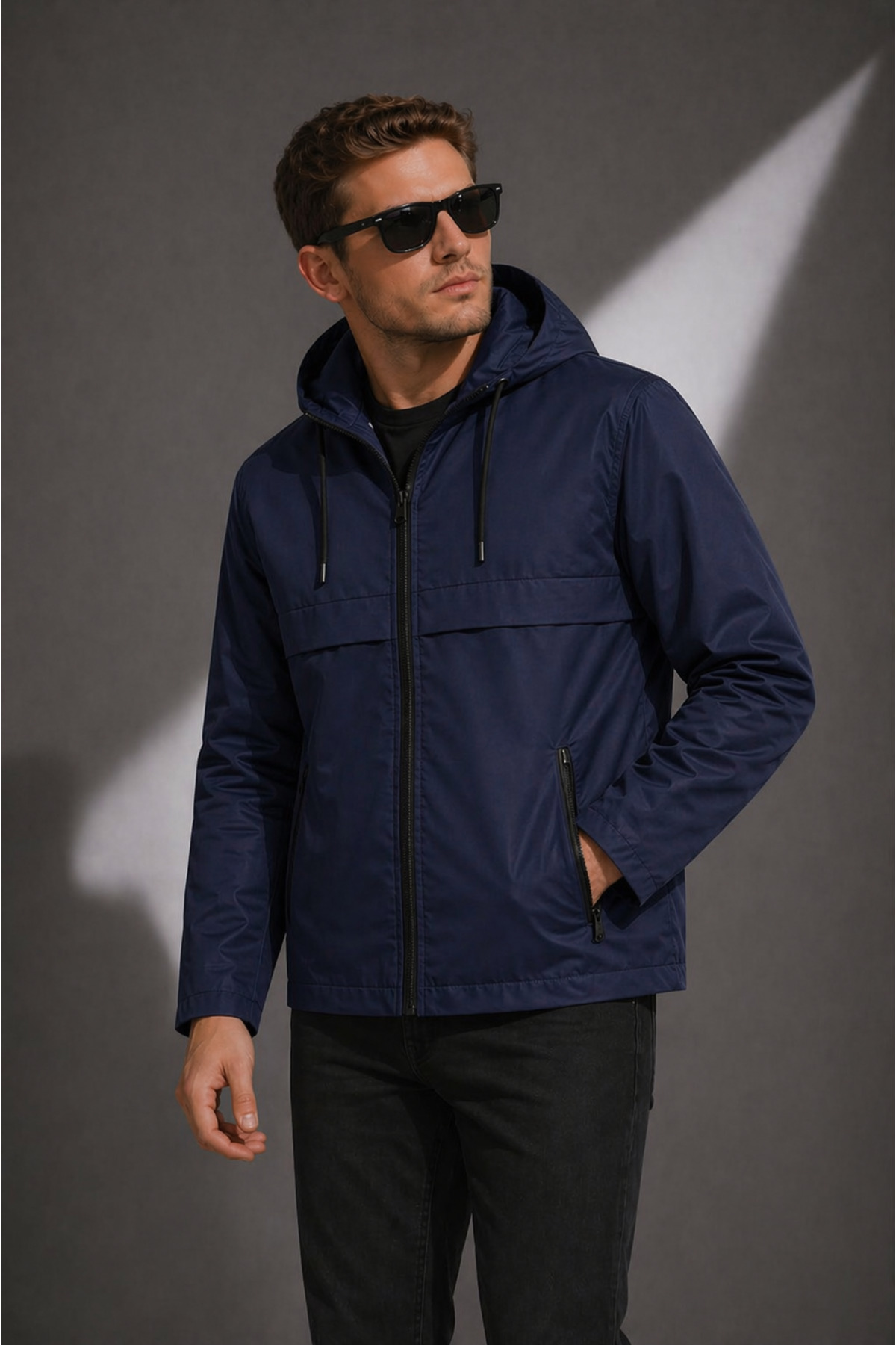 Sınwear Erkek Lacivert Kapüşonlu Su Geçirmez Hafif Mont, Günlük & Spor Şık Rüzgarlık görsel 6