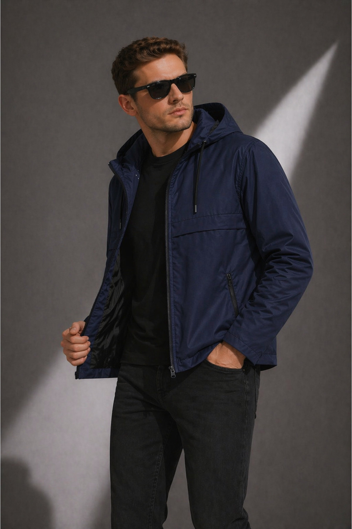 Sınwear Erkek Lacivert Kapüşonlu Su Geçirmez Hafif Mont, Günlük & Spor Şık Rüzgarlık görsel 2