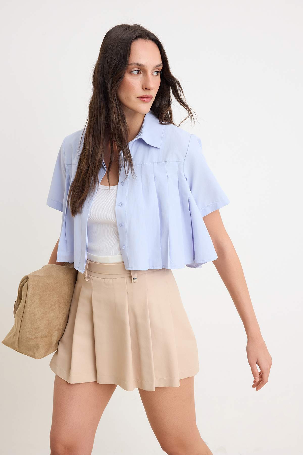 Trendyolmilla Mavi Crop/Kısa Kesim Piliseli Gömlek TWOSS26GO00161