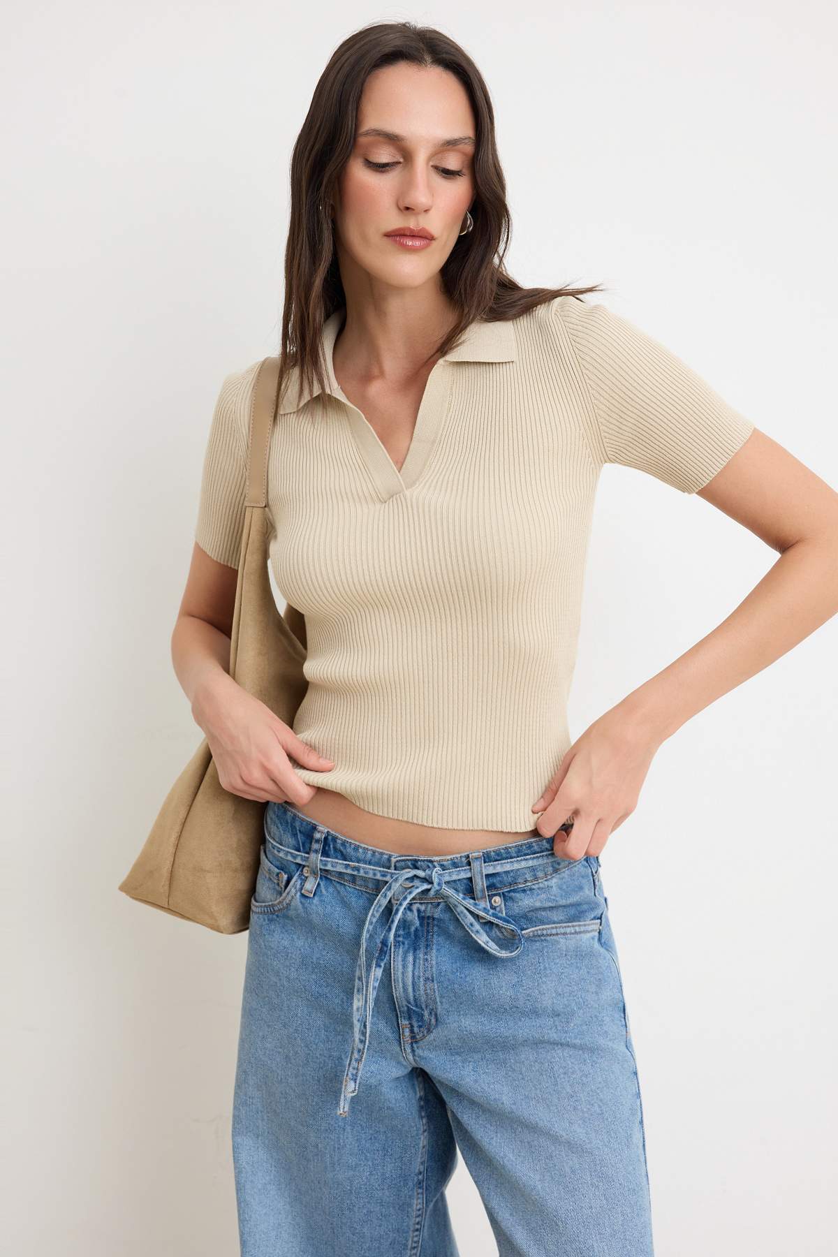 Trendyolmilla Taş More Sustainable Basic Polo Yaka Triko Bluz TWOSS26BZ00505