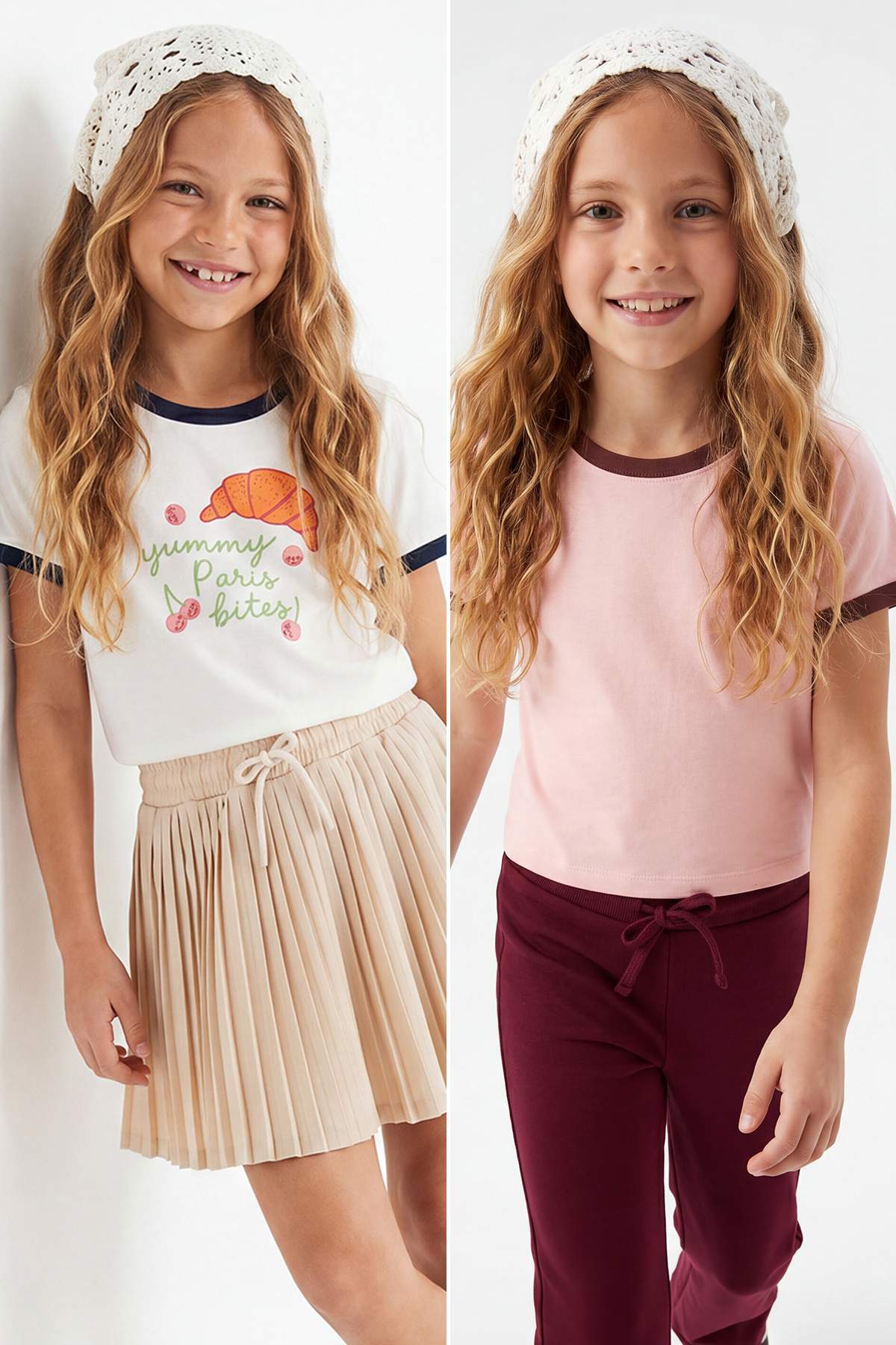 Trendyolmilla Kids Pembe-Ekru 2'li Kız Çocuk Düz Örme T-Shirt TKDSS26TS00015