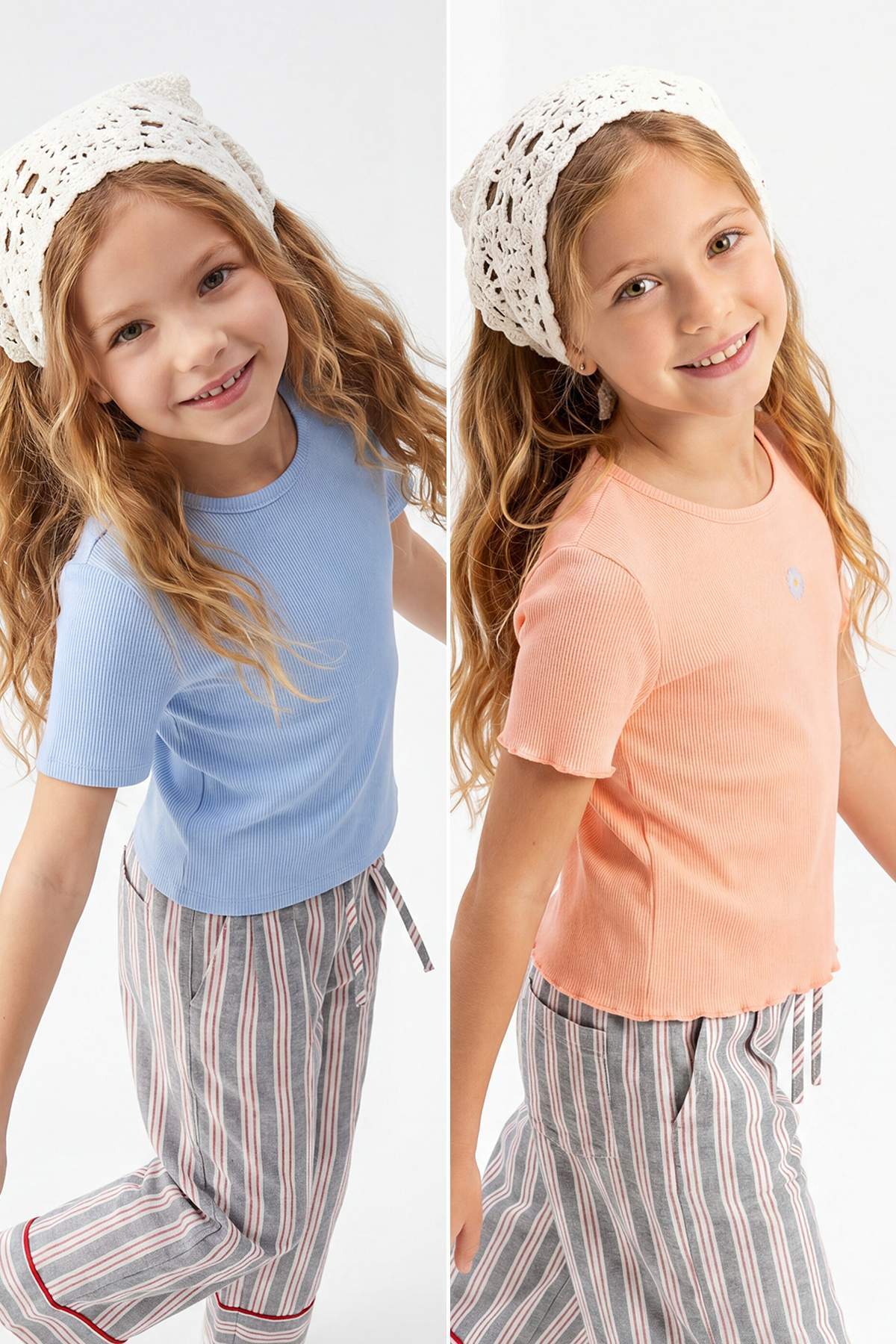 Trendyolmilla Kids Mavi-Turuncu 2'li Kız Çocuk Pamuklu Crop Kısa Kol Örme T-Shirt TKDSS25TS00027