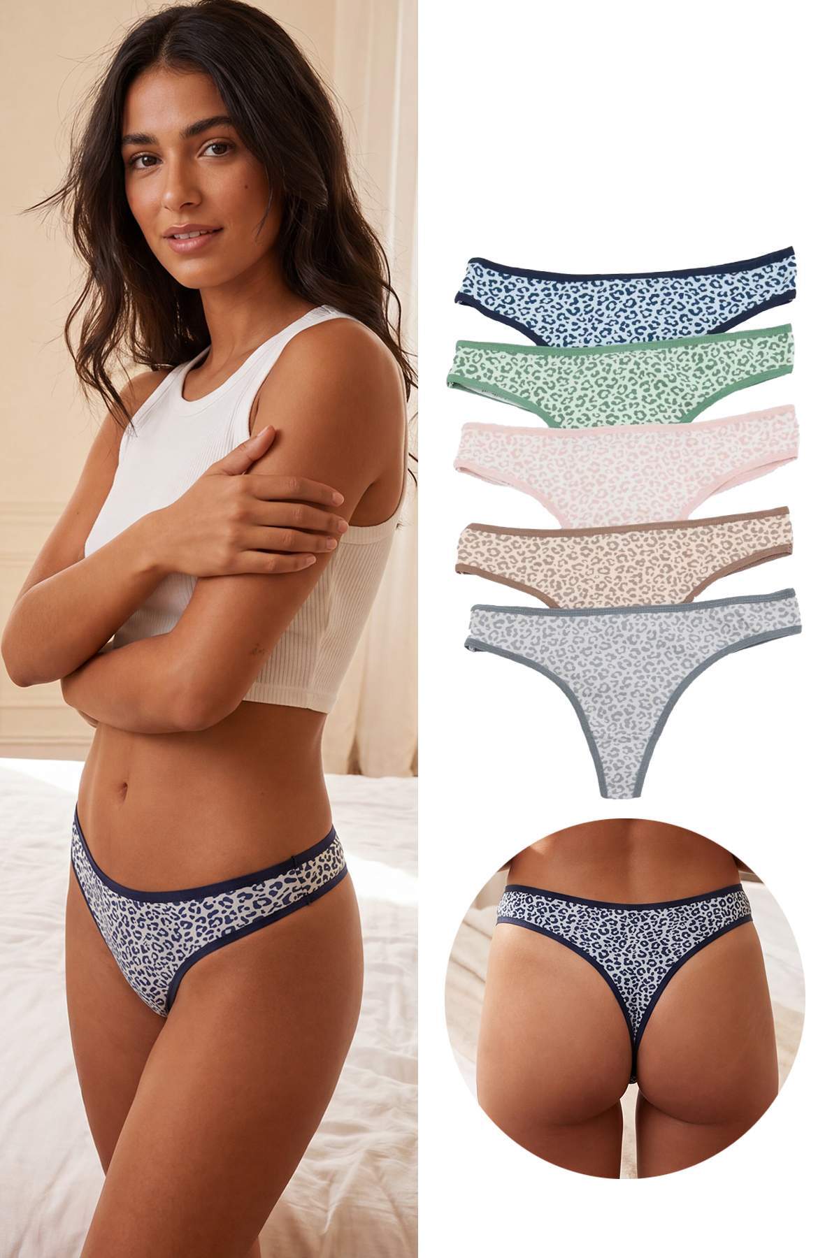 Trendyol Kollektion Mehrfarbige 5er-Packung Baumwoll-Tangas mit Leopardenmust...