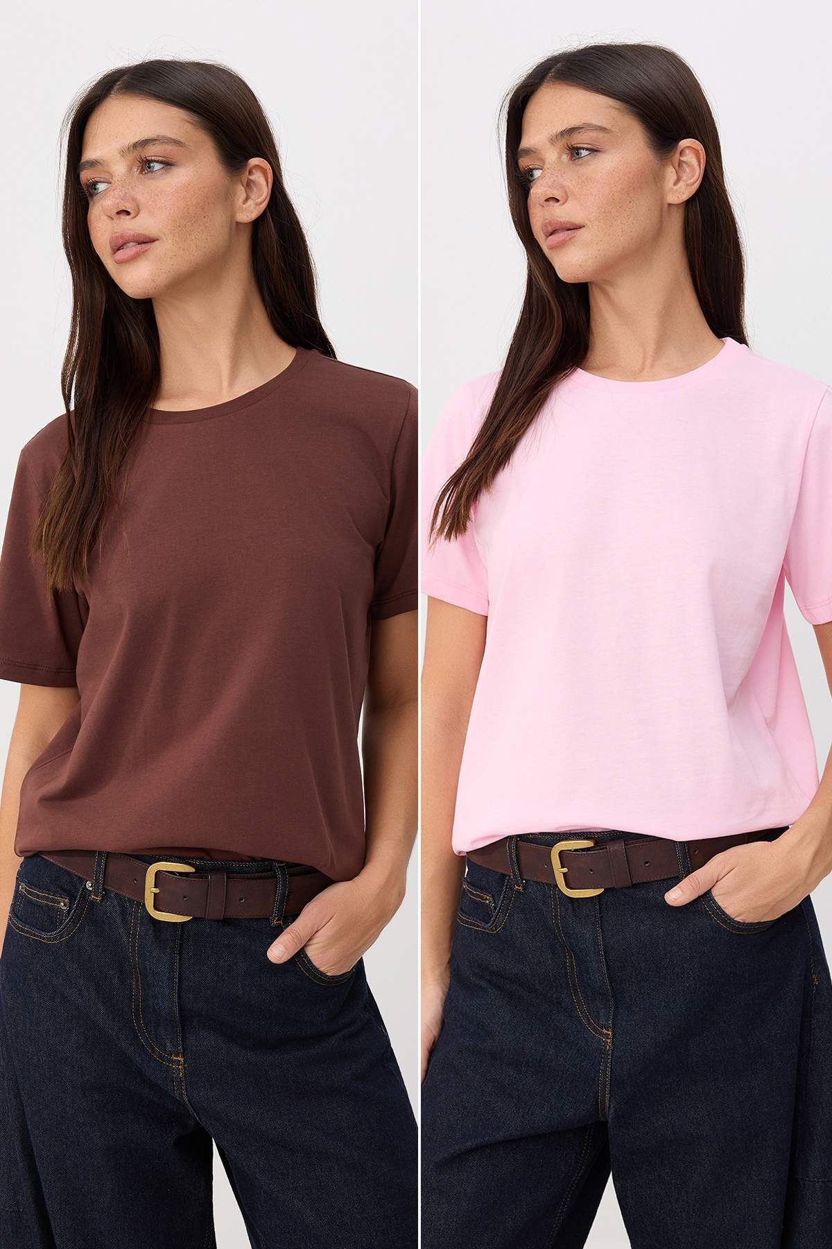 Trendyolmilla Kahverengi-Pembe %100 Pamuk Süprem Bisiklet Yaka 2'li Paket Örme T-Shirt TWOSS20TS0141