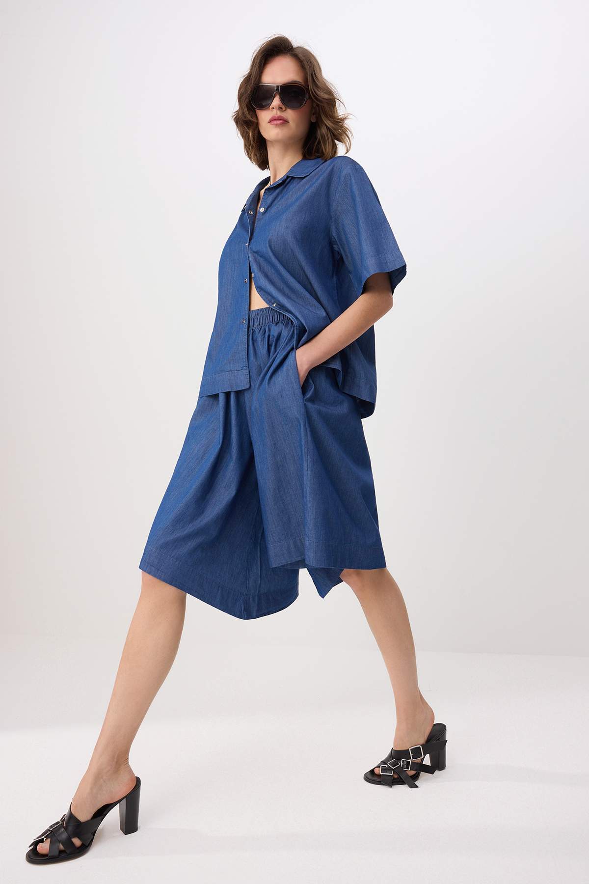 Trendyolmilla Mavi DÖKÜMLÜ Gömlek Bermuda Denim Alt - Üst Takım TWOSS26AU00215