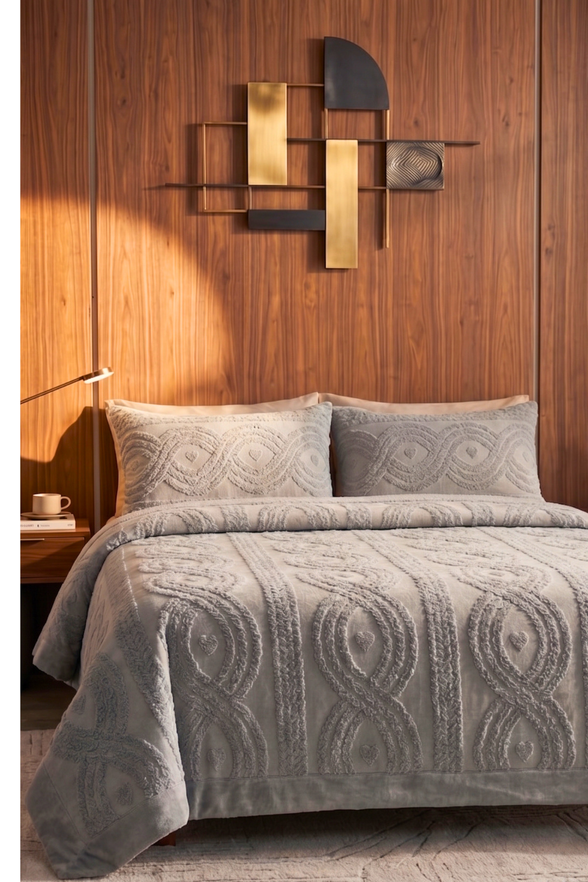 Gray Embossed Soft Textured Double Bohemian Bedspread Set 220x240cm Dowry Set