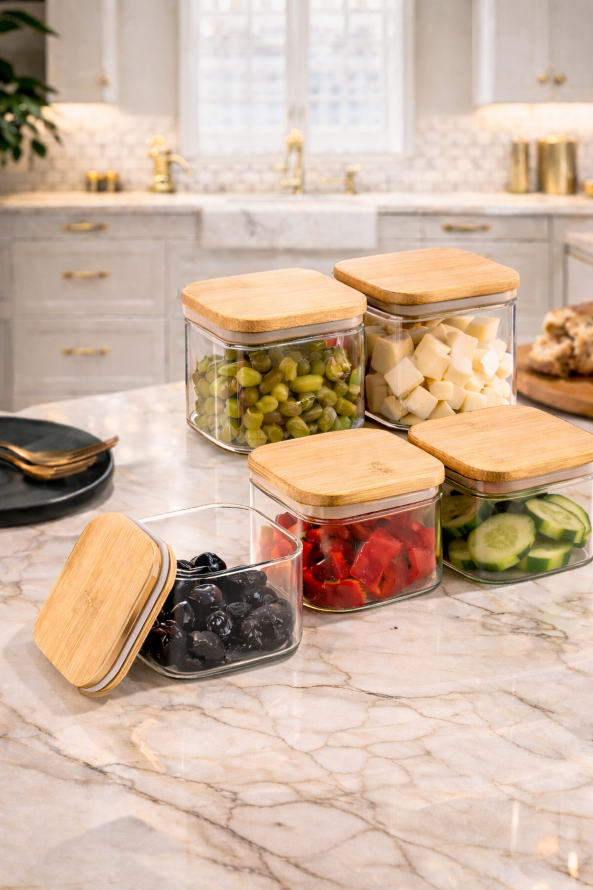 250ml Square Glass Bowl with 6 Bamboo Lids Snack Container