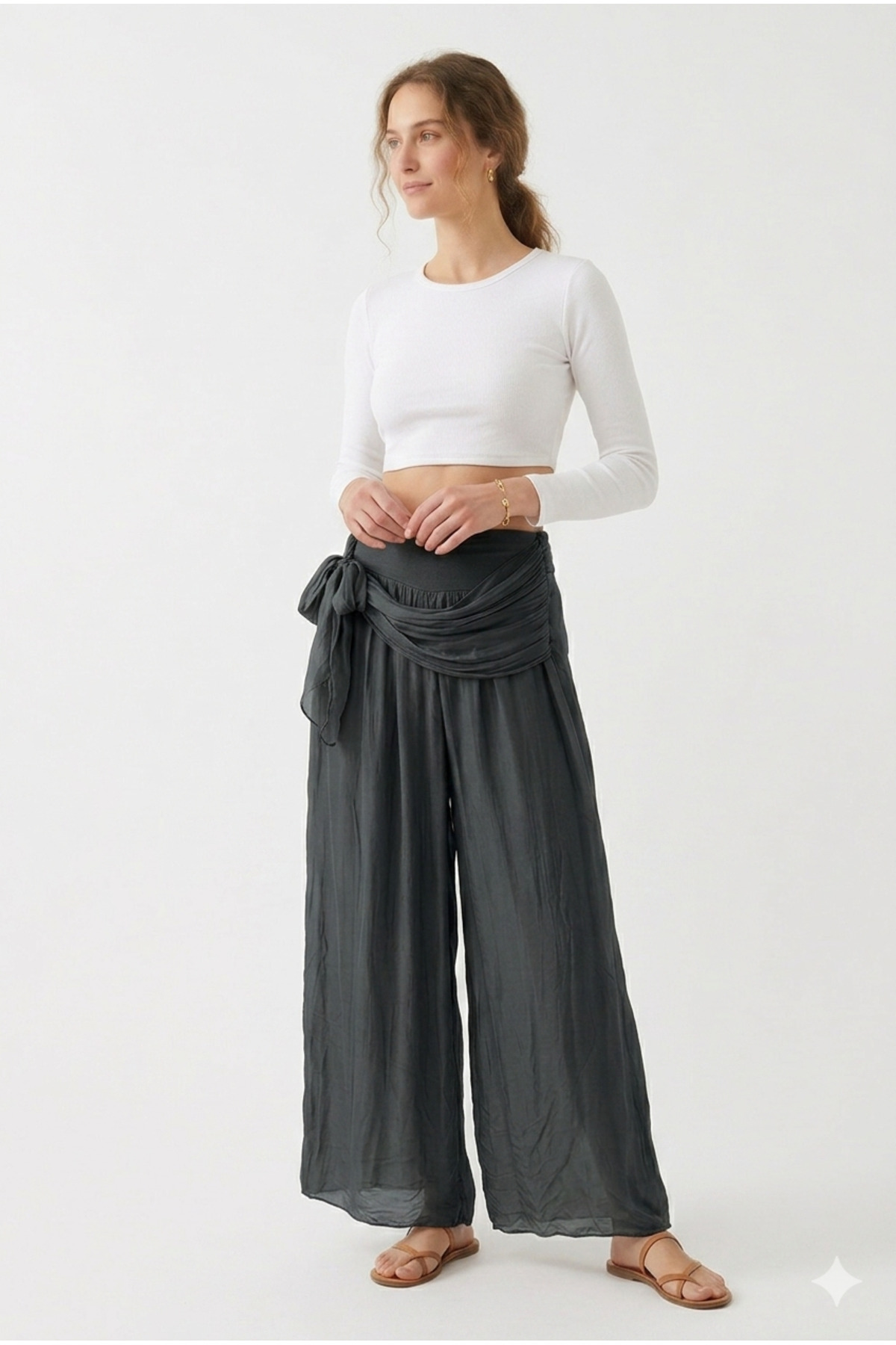 Women's Anthracite Italian Elastic Waist Silk Belt Wide Leg Lined Silk Pants Size 36 - 42