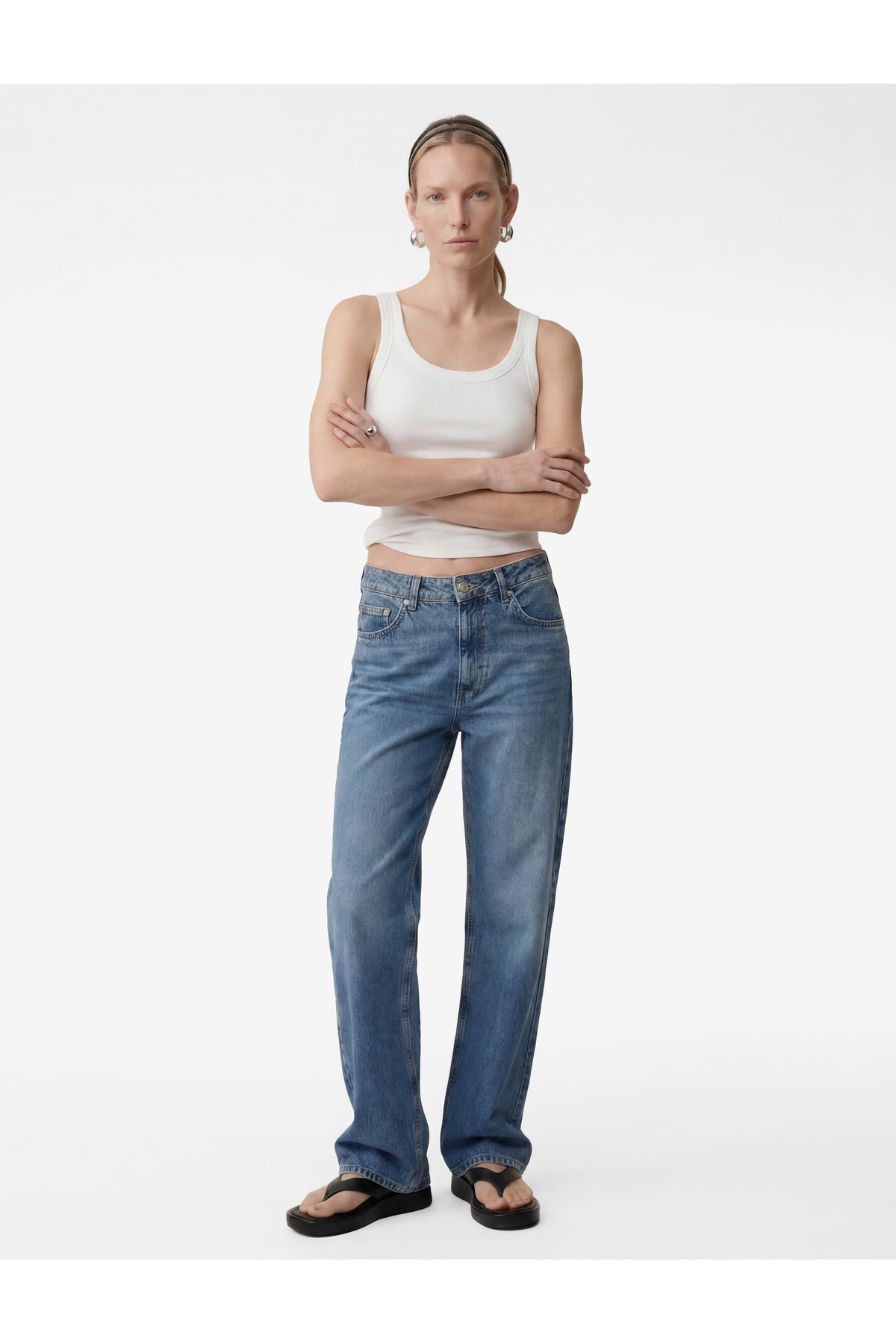 شلوار جین گشاد با دکمه و جیب از جنس پنبه - Baggy Jeans
