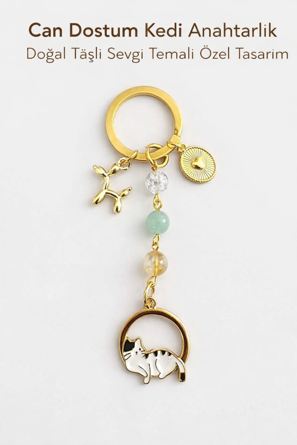 My Best Friend Cat Natural Stone Gold Keychain/Bag Ornament ( Citrine-Najaf-Aventurine)