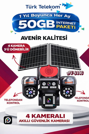 Avenir 4 Kameralı Telefondan 3 Dönebilir Güneş Enerjili Güvenlik - AOV 7/24 S...