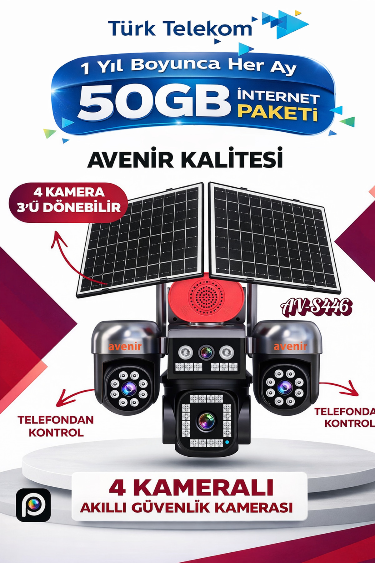 4 Camera Phone 3 Rotatable Solar Powered Security - AOV 24/7 Sim Card 1 Year Every Month 50GB S446