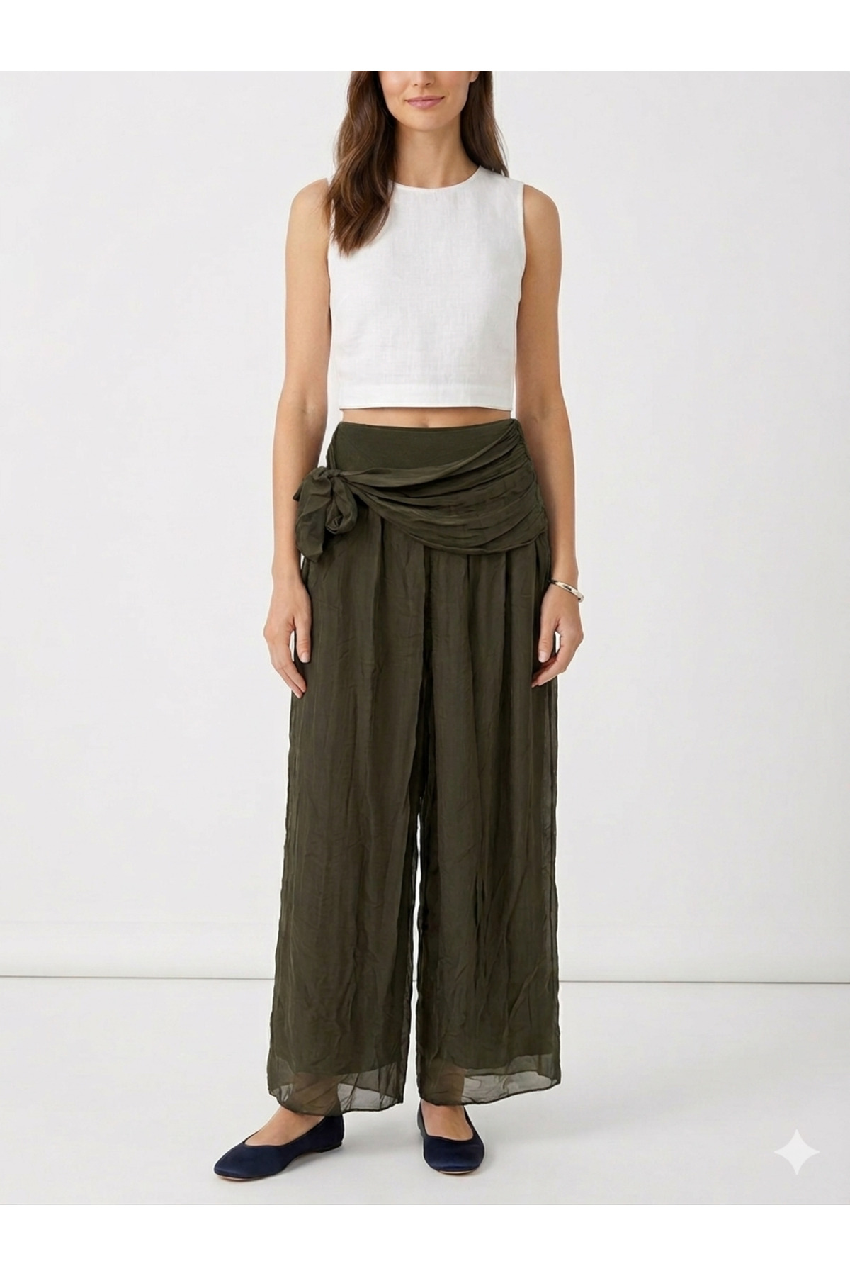 Women's Khaki Italian Elastic Waist Silk Belt Wide Leg Lined Silk Pants Size 36 - 42