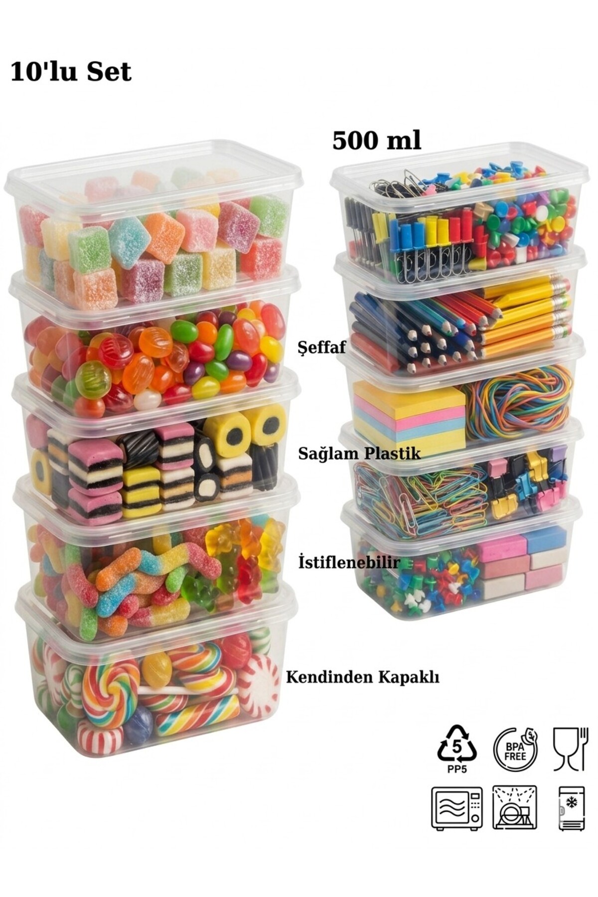 troykar 10'lu Şeffaf Saklama Kabı 500 ml Kendinden Kapaklı Erzak