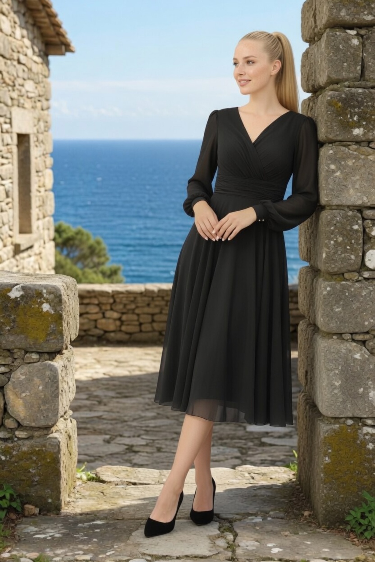 Long Sleeve Double Breasted Collar Midi Chiffon Dress