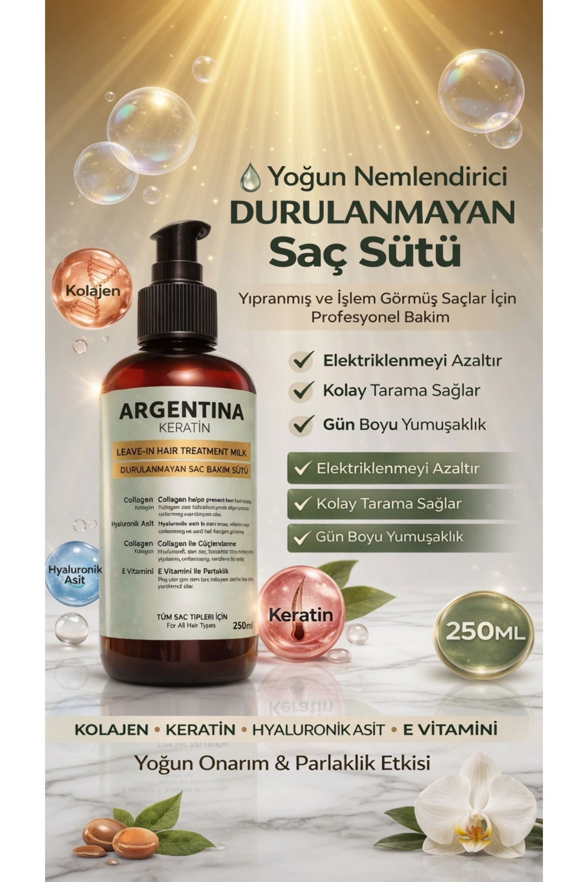 ARGENTİNA KERATİN شیر مراقبت از مو بدون نیاز به آبکشی حاوی کلاژن، هیالورونیک اسید، کراتین و ویتامین E، 250 میلی لیتر — ARG-002