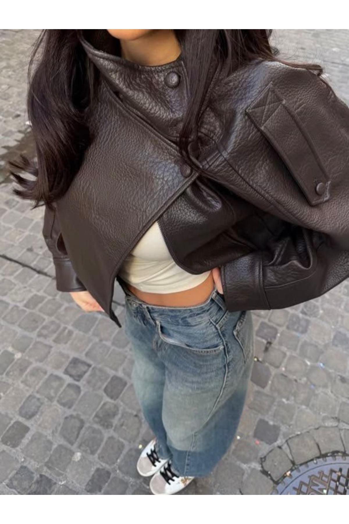 piel island YSL & ZRA Dik Yaka Orjinal Desen Yumuşak Oversize Deri Ceket görsel 7