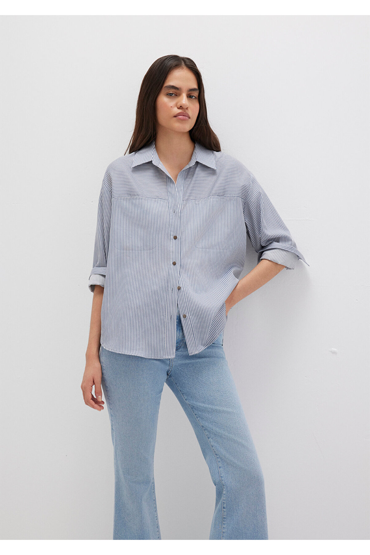 Mavi Çizgili Mavi Gömlek Oversize / Geniş Kesim 1211069-89153 — آبی