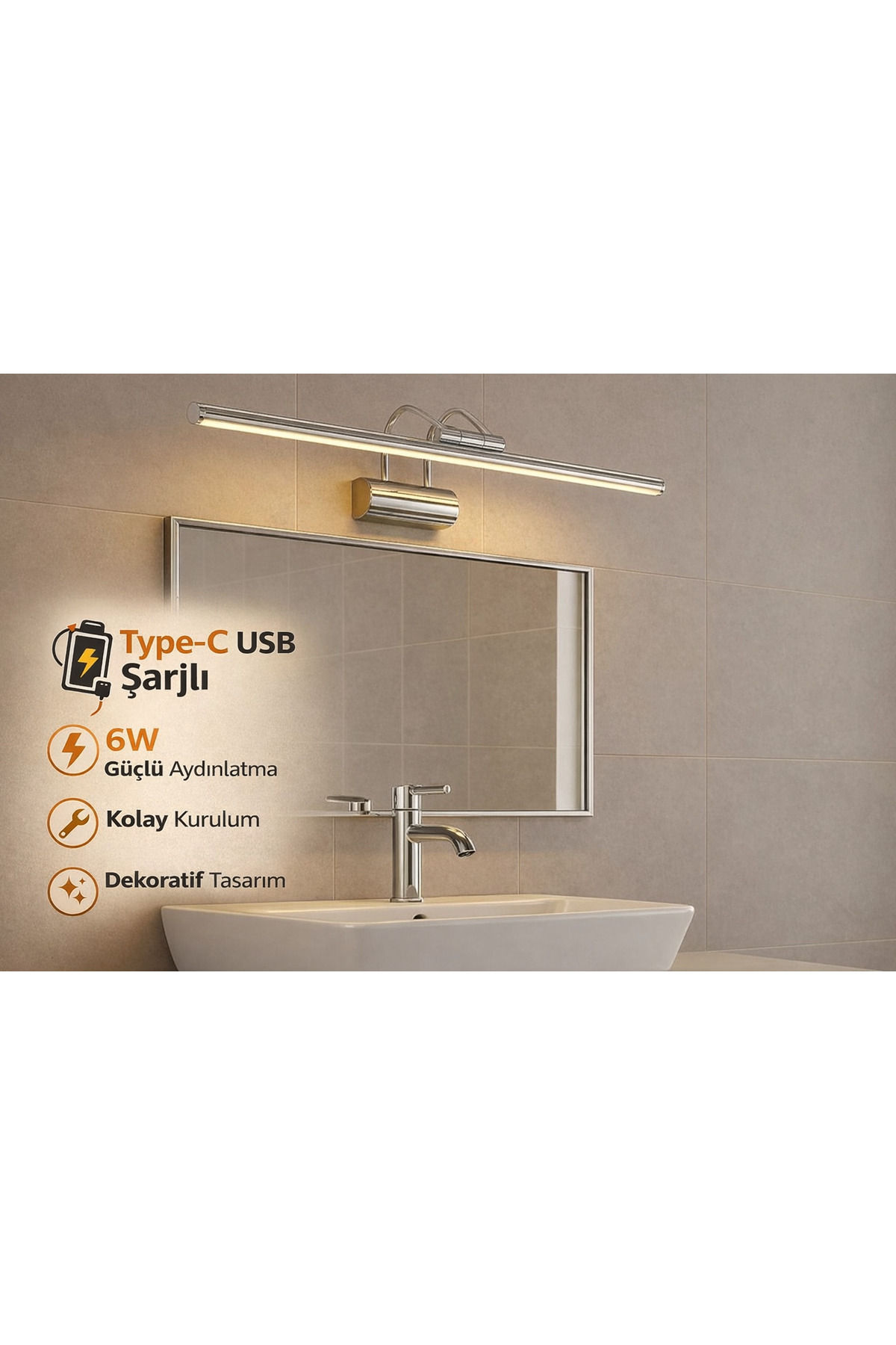 35CM / USB Rechargeable Painting / Painting / Mirror Top / Bathroom / Led Wall Light Flute 3000K Daylight Chrome case
