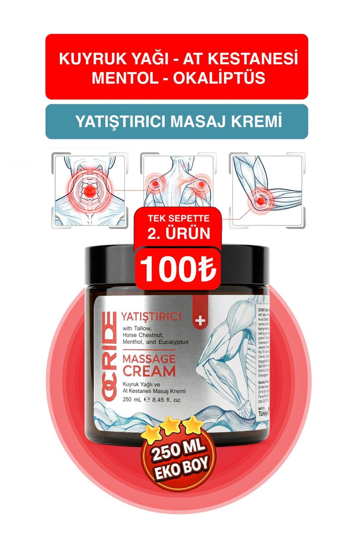 OCRIDE Kuyruk Yağı - At Kestanesi - Mentol - Okaliptüs | Yatıştırıcı ve Ferahlatıcı Masaj Kremi 250ML