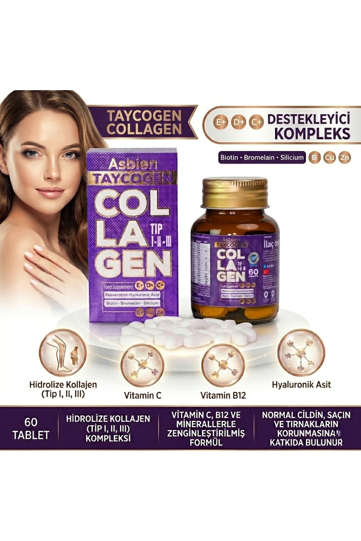 ASBEN Taycogen 60 Tab.Type 1 -2 -3 Biotin, Resveratrol,Hyaluronic  Acid,Silicon, B Complex- Trendyol