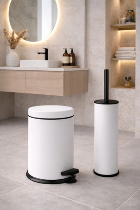 GörSeç 3 Litre Beyaz 2'li Banyo Seti Pedallı Çöp Kovası Wc Klozet Tuvalet Fır...