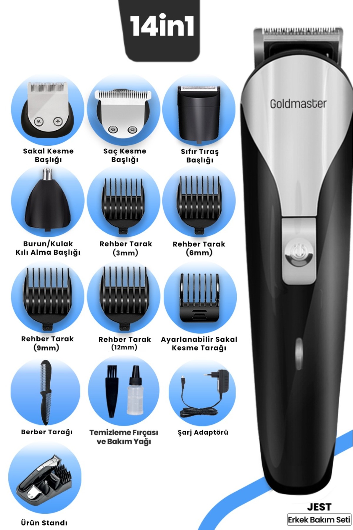 Micro Usb 14 in 1 Face, Hair Beard Men's Grooming Kit with Gesture Cable Wireless Stainless Steel Stand