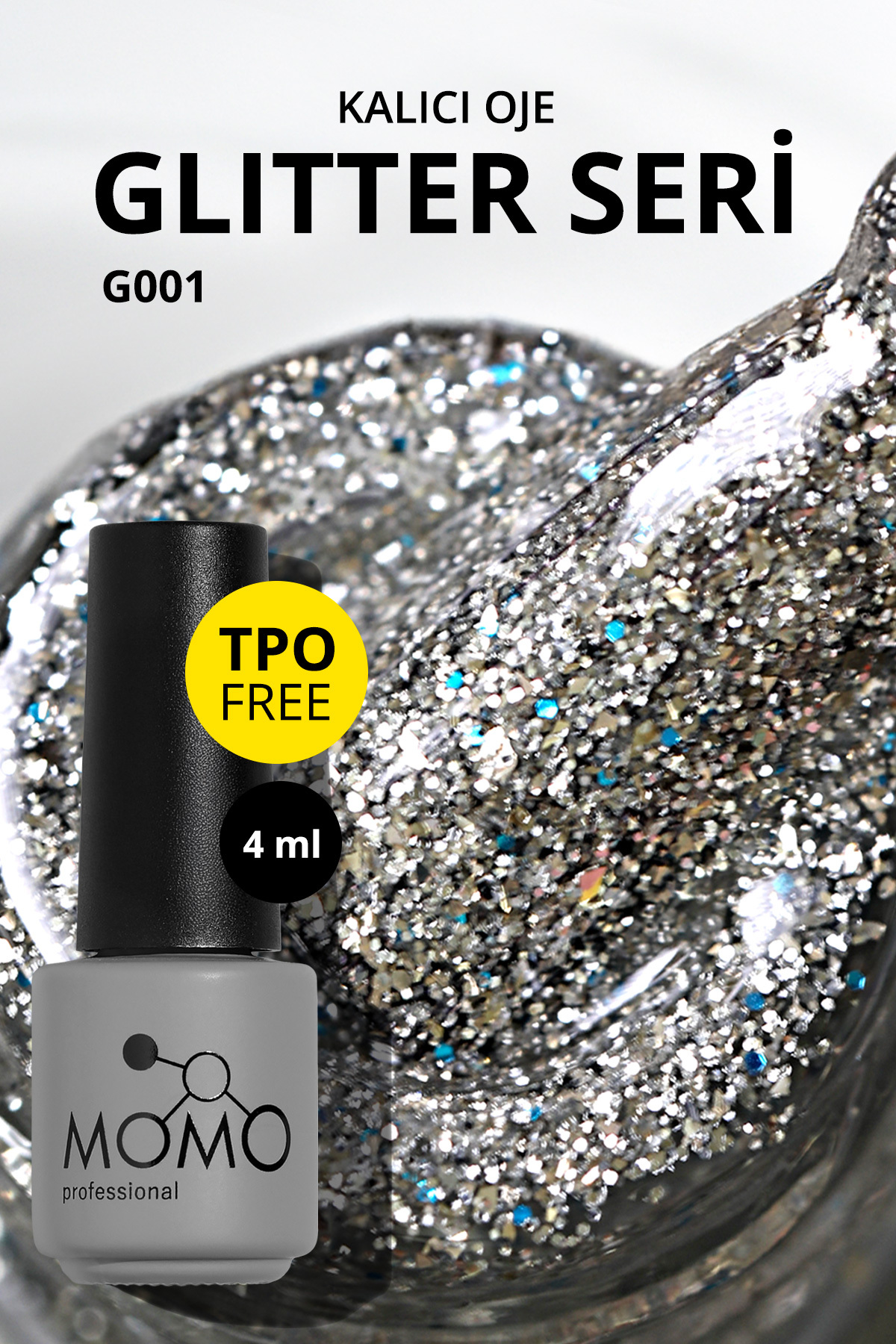 MOMO professional Glitter Kalıcı Oje G001, Yoğun Gümüş Simli, 4 ml — نقره‌ای 8860101A01S01G001