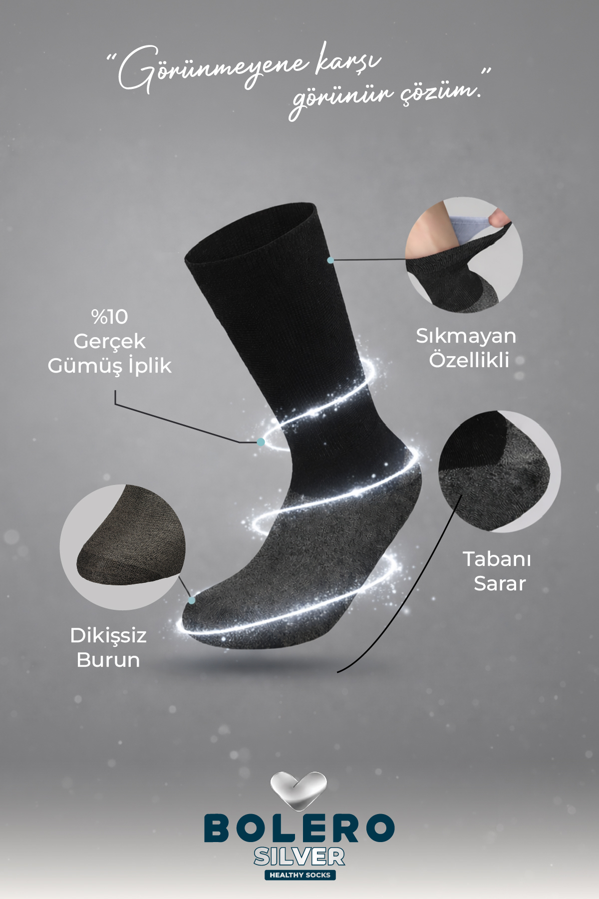 Bolero Unisex Premium Gümüş Diabet Çorap Siyah