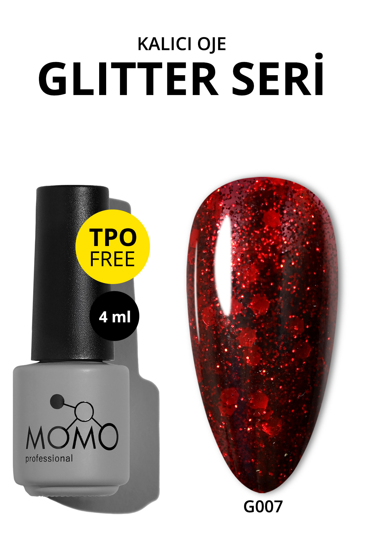 Glitter Kalıcı Oje G007, Kırmızı Parıltılı Şarap, 4 ml — قرمز 8860101A01S01G001 — تصویر 3 از 5