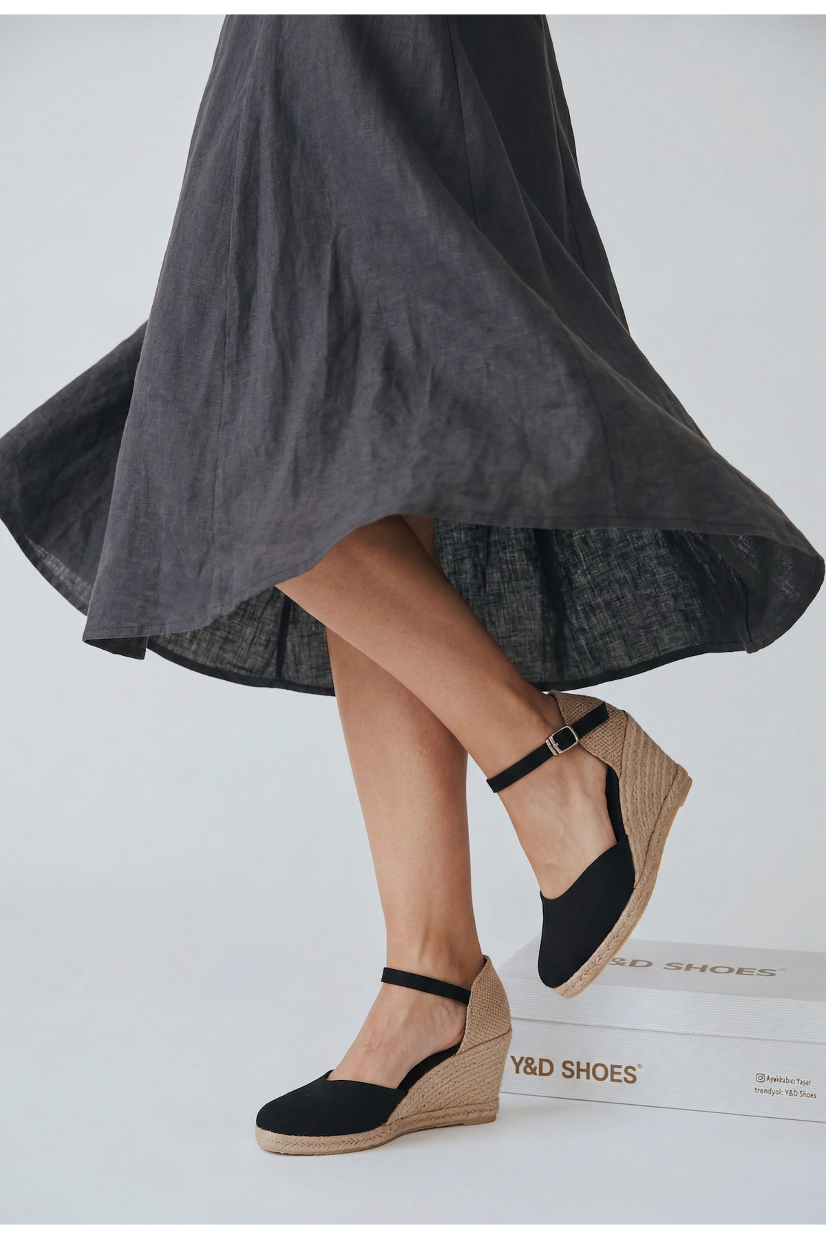 Y&D Shoes %100 El Yapımı Doğal Keten Kadın Espadril - Dolgu Topuk Arkası Açık Hasırlı Keten Sandalet görsel 3