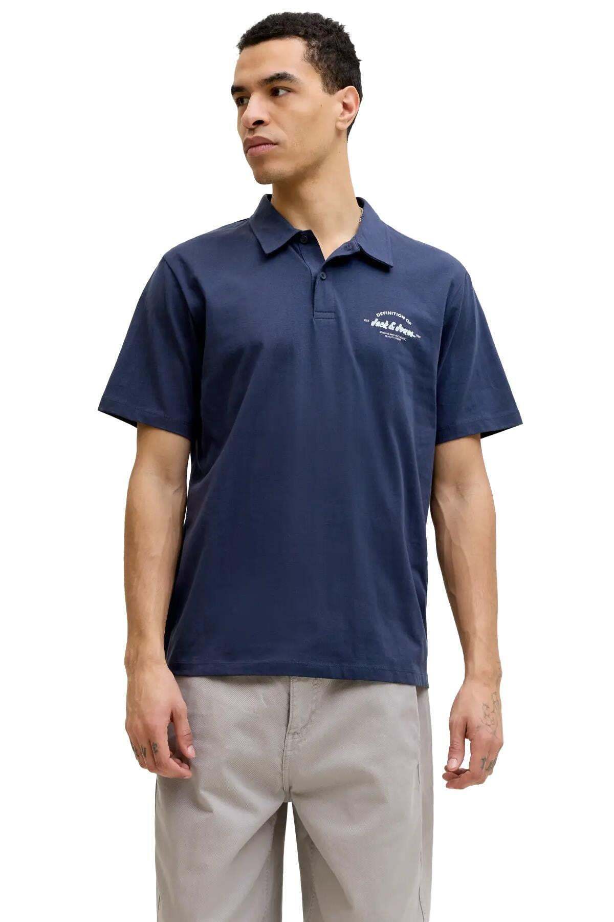 Jack & Jones Men vy Blue Cotton Polo with Zipper