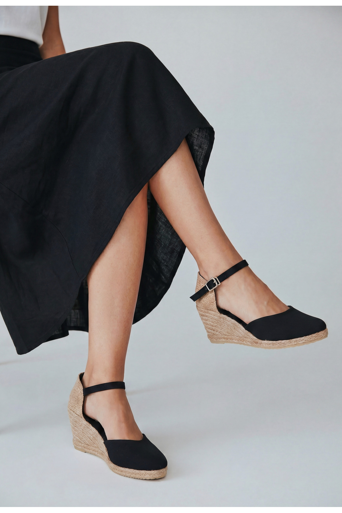 Y&D Shoes %100 El Yapımı Doğal Keten Kadın Espadril - Dolgu Topuk Arkası Açık Hasırlı Keten Sandalet