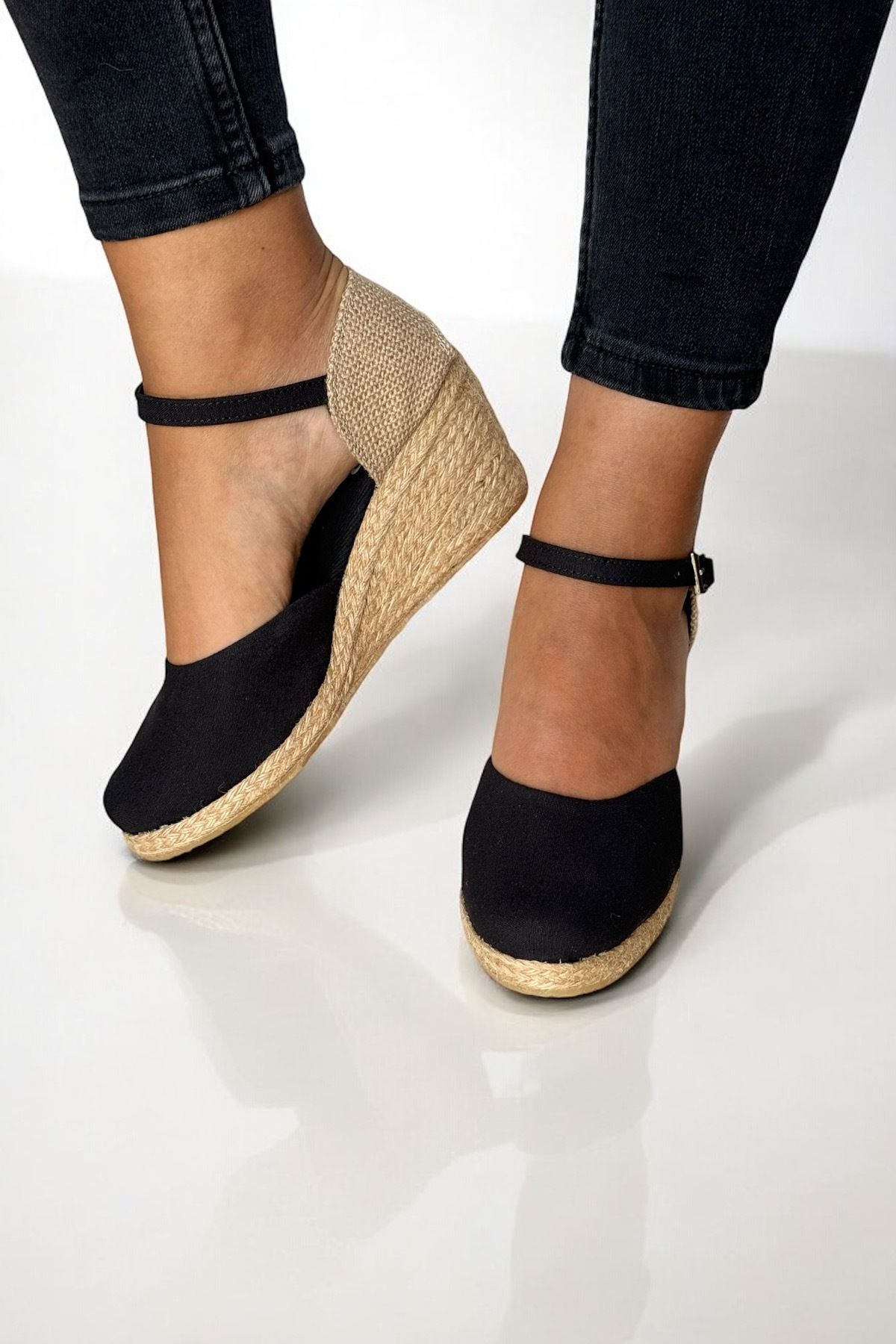 Y&D Shoes %100 El Yapımı Doğal Keten Kadın Espadril - Dolgu Topuk Arkası Açık Hasırlı Keten Sandalet görsel 4
