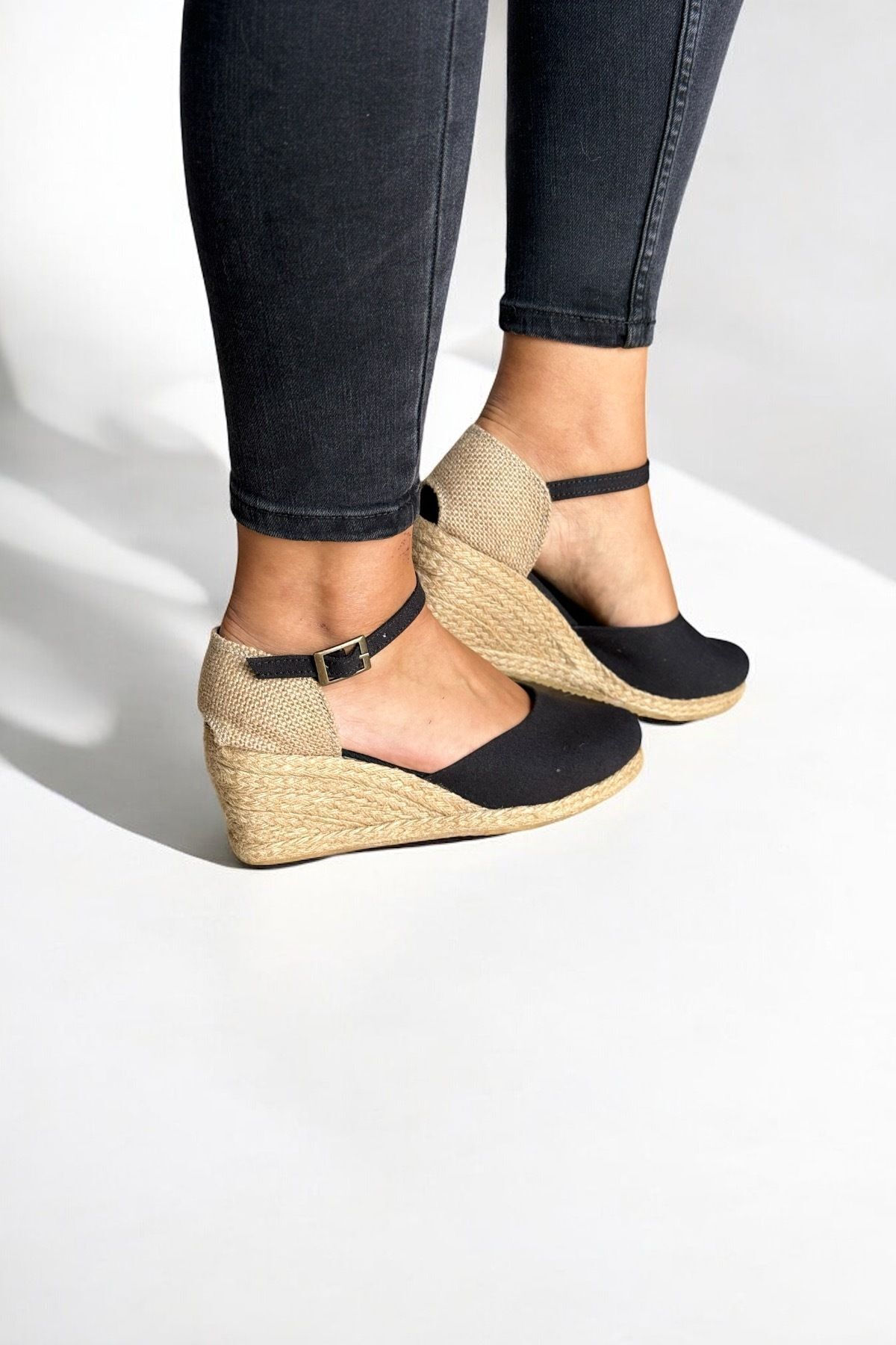 Y&D Shoes %100 El Yapımı Doğal Keten Kadın Espadril - Dolgu Topuk Arkası Açık Hasırlı Keten Sandalet görsel 5