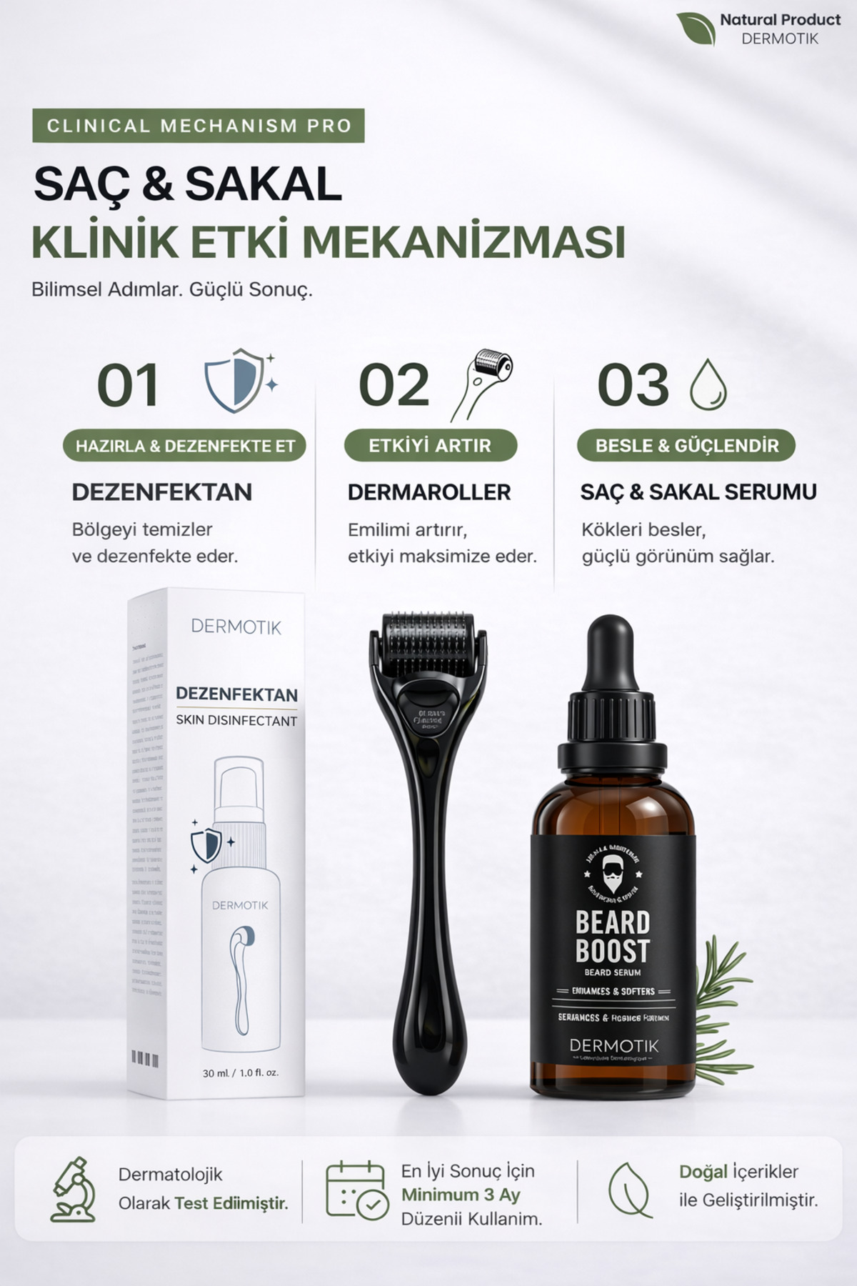 Seyrek Saç Sakal Serumu Ve 540 İğneli Dermaroller 1 mm Dezenfektan Seti – Saç Sakal Bakım Aleti — set10 — تصویر 3 از 9
