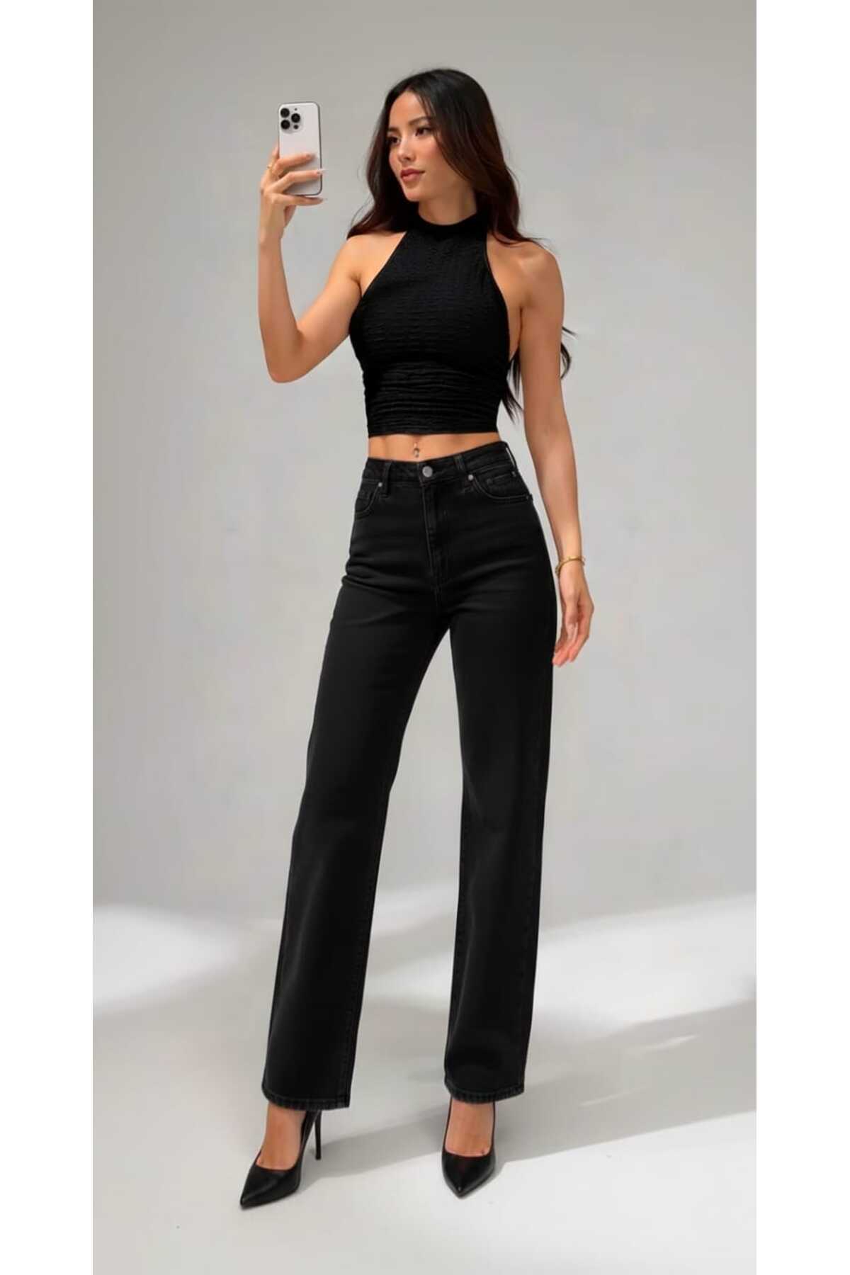 Ramrod Rose Extra Yüksek A.c.a.i.p S.imsiyah Salaş Jeans Palazzo Pantolon (süper Yüksek )