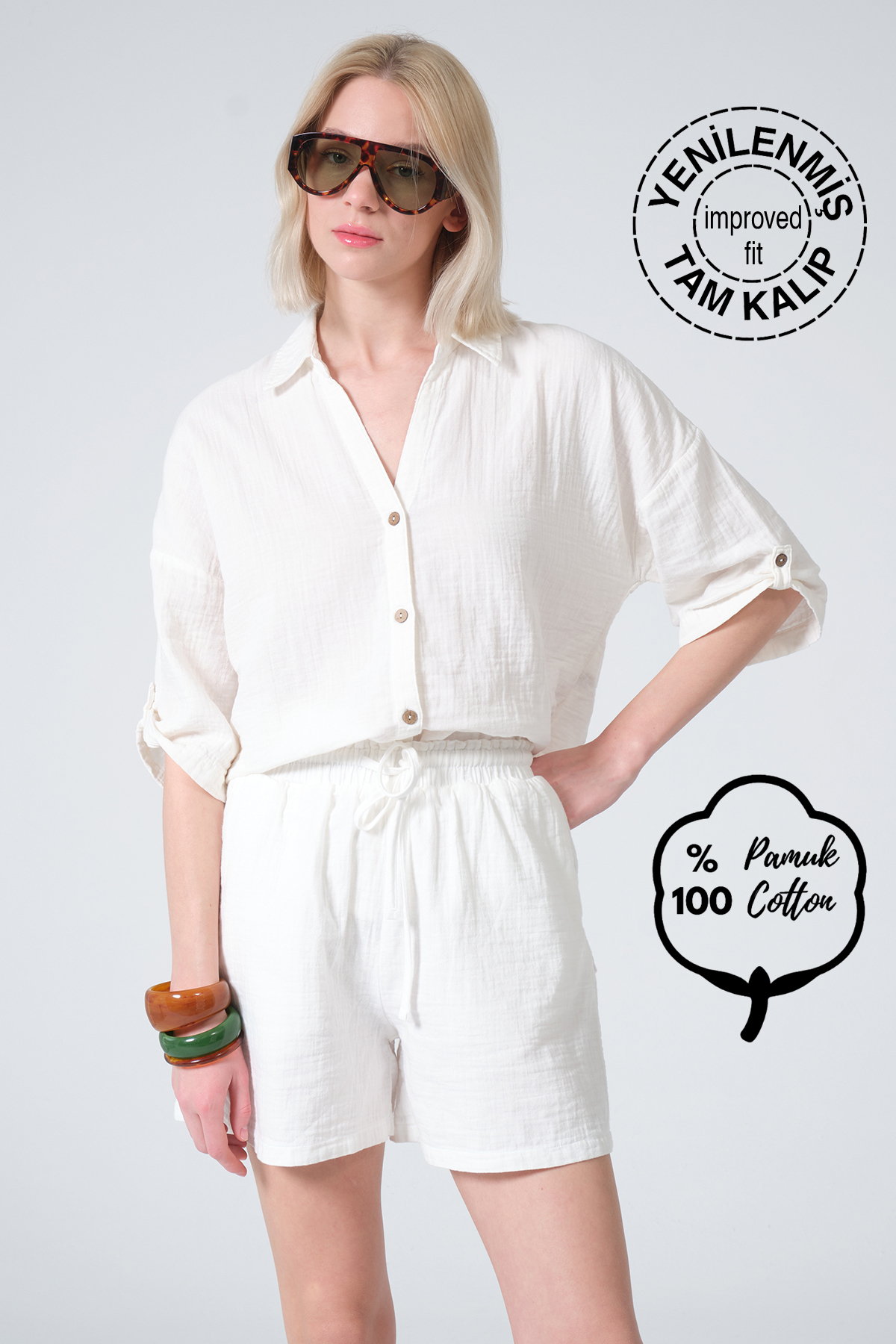 100% Cotton Muslin Fabric Comfortable Cut Lace-up Women's Shorts with Elastic Pockets @Las Palmas