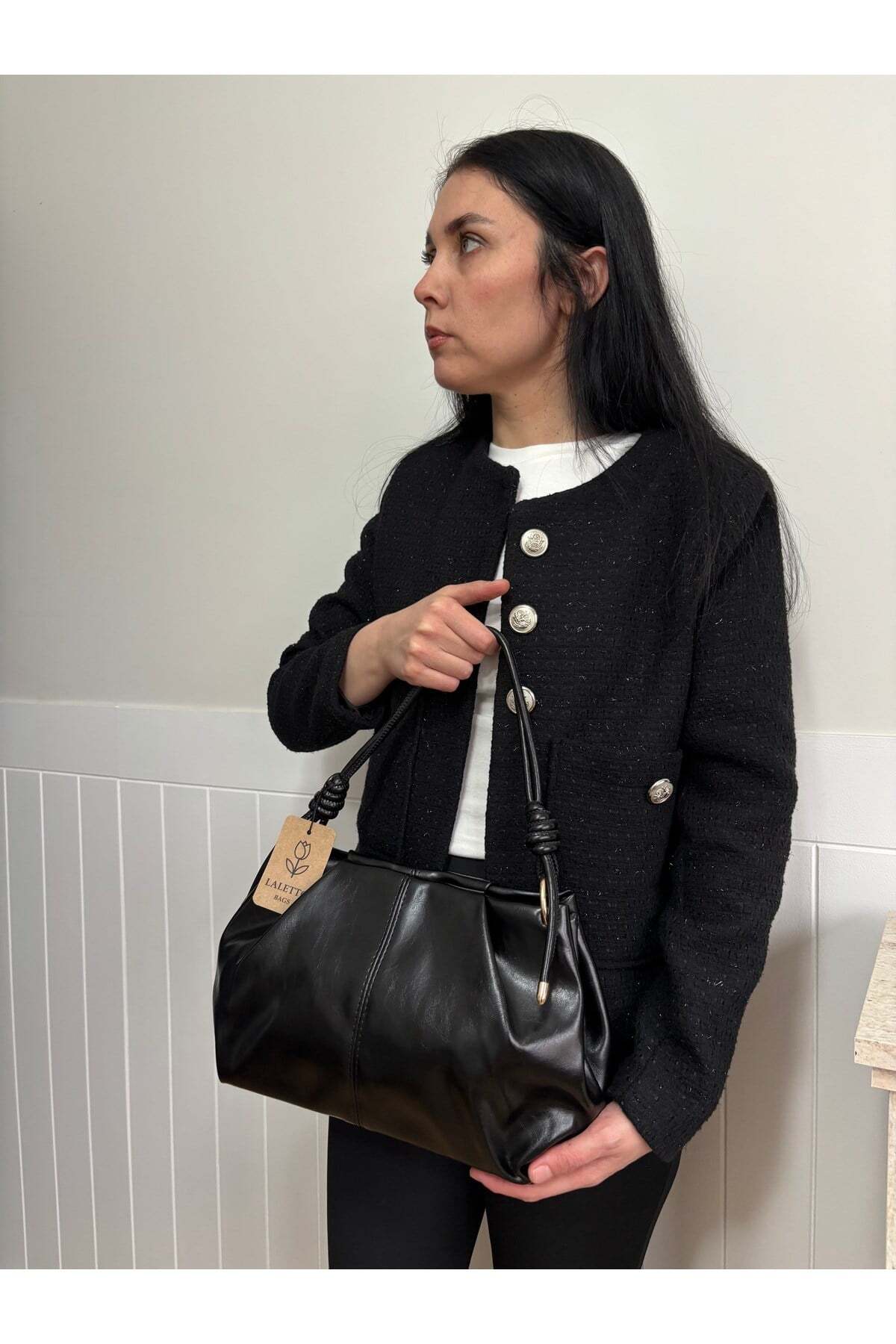 Women's Lotus Model Shirring Detailed Faux Shiny Leather Shoulder Bag